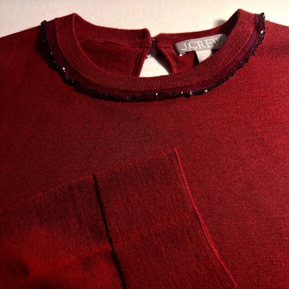 J Crew Carolyn sweater fitted crewneck fine merino wool burgundy sequin party - Picture 1 of 9